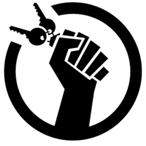 raised fist holding key chain inside a circle